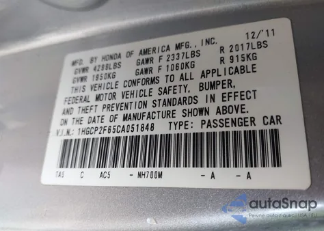 2012 Honda Accord 2.4 Se z USA, uszkodzony, nr VIN 1HGCP2F65CA051848